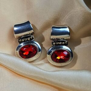 Vintage Silver Tone Garnet Red Gemstone Clip On  Earrings